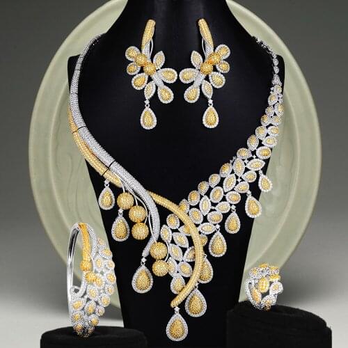 Blachette Brand AAA Cubic Zircon Nigerian Dubai Waterdrops Necklace Earring Bangle Ring 4PCS Female Bridal Wedding Jewelry Sets