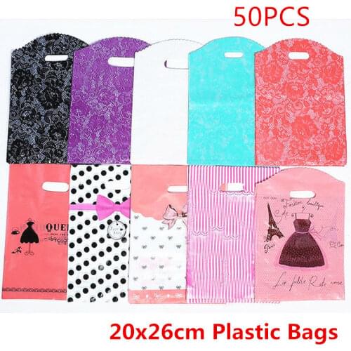 50pcs 20*26cm Plastic Bag Wedding Gift Shopping Packaging Plastic Handle Bags Candy Cookie Gift Box Packaging Bag