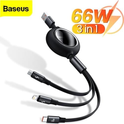 Baseus 3 in 1 USB Cable For iPhone 12 Pro Type C Micro USB C Cable 66W Fast Charge For Xiaomi Samsung Retractable Data Wire Cord