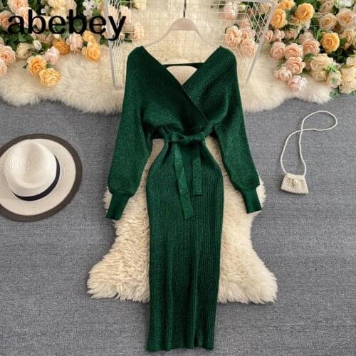 Sparkling Sexy Party Dress Woman Sweater Elegant Slim V-Neck Basic Knitted Green Vintage Dresses Female Autumn Winter Bat Sleeve