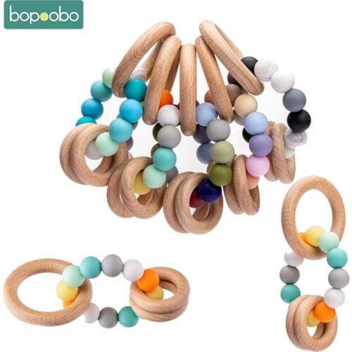 Bopoobo 1PC Baby Teether With Wooden Ring Rattle DIY Name Crafts Food Grade Teether Babys Nursing Accessories Baby Teethers Gift
