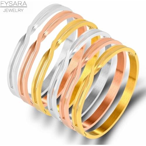 FYSARA Gold Color Intersect Design Bangles Bracelets Couple Jewelry Stainless Steel Simple Metal Circle Bangles for Women Lover