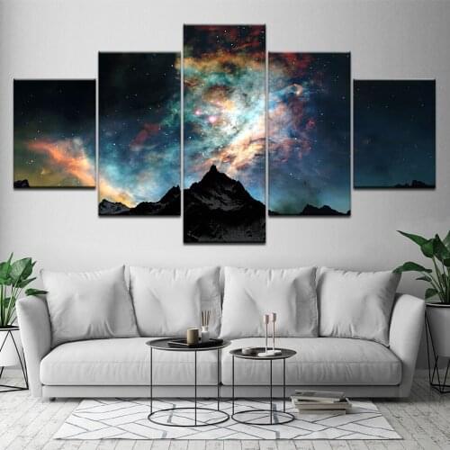 Home Decor Canvas HD Prints Wall Art Pictures 5 Pieces Mountains And Space Painting Set Planet Snow Lake Galaxy Poster Framework