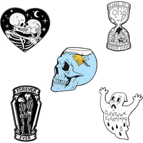 Punk Lover Vampire Enamel Pin Hourglass Cat Skeleton Fish Tank Brooch Badge Halloween Gift Jewelry For Your Fashion Witch Friend