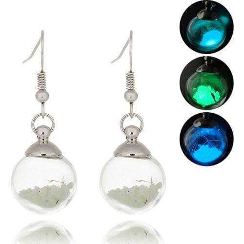 Hainon Real Dandelion Glass Ball Earrings For Women Girl Drop Earrings Luminous Jewelry Glow in The Dark Dangle earring