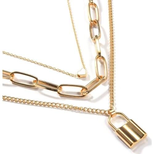 Multilayers Heart Lock Chain Pendant Necklaces For Women Gold/Silver Color Punk Couple Choker Necklace Fashion Gothic Jewelry