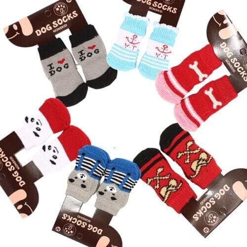 4Pcs Warm Puppy Dog Shoes Soft Pet Knits Socks Cute Cartoon Anti Slip Skid Socks for Small Dogs Breathable Pet Products S/M/L