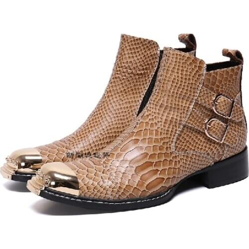Autumn Mens Hgh Heel Genuine Leather Boots Iron Square Toe Python Skin Cowboy Boots Mens Wedding Party Ankle Boots Chelsea Homme