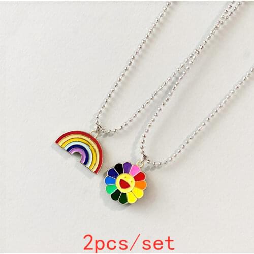 Best Friend 2Pcs/Set Cute Minimalist Rainbow and Sunflower Couple Necklace Hip Hop Punk Style Kpop Harajuku Street Jewelry