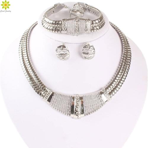 Silver Plated Dubai African White Crystal Necklace Bracelet Earring Ring Wedding/Bride Jewelry Sets