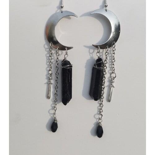 Moon Celestial Earrings/Black Quartz Earrings/Sword Earrings/Crystal Earrings