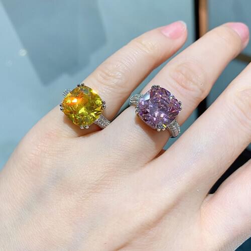 Vintage 12*12mm Pink Quartz Citrine Lab Diamond Rings for Women 925 Sterling Silver Gemstone Wedding Party Bands Fine Jewelry