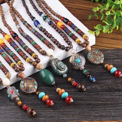 Vintage Ethnic Buddhist Mala Necklace Exquisite Wood Beads Statement Necklaces Buddha Pendants For Women & Men Jewelry Accessory