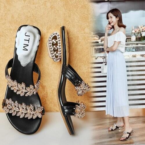 Sandals for ladies, summer new style Korean fashion rhinestone thick heel hollow sandals versatile casual and comfortable