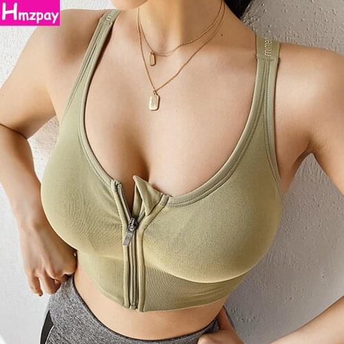 Womens Zipper Sports Bra Shockproof Gathering Fitness Underwear Push-Up Breathable Running Yoga Bra Sexy Workout Top