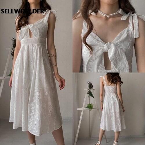 Casual Womens summer holiday dress Sleeveless cotton Embroidered V-neck dress White High Waist Mid-length A-line Dress