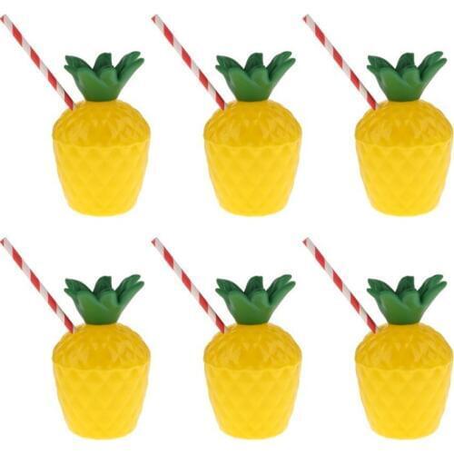 6pc Hawaiian Tropic Fruit Pineapple Drinking Cup with Straw Luau Beach Party Supplies Wedding and party decoration