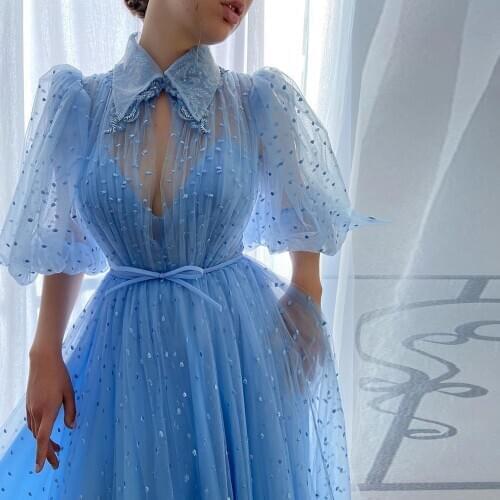Bbonlinedress Blue Prom Dresses Tulle A Line High Collar Short Sleeves Youthful Girl Party Wears Formal Gown Evening Dress