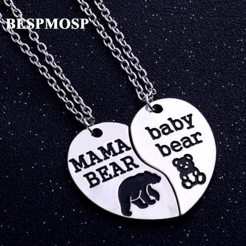 Bespmosp 24Set/Lot Wholesale Cute MAMA BEAR BABY BEAR Love Heart Trendy Pendant Necklace Family Mother And Children Chain Mom