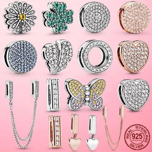 Hot Sale 925 Sterling Silver Lucky Beads Pave Four-Leaf Clover Clip Charms fit Original Pandola Reflexions Bracelets DIY Jewelry
