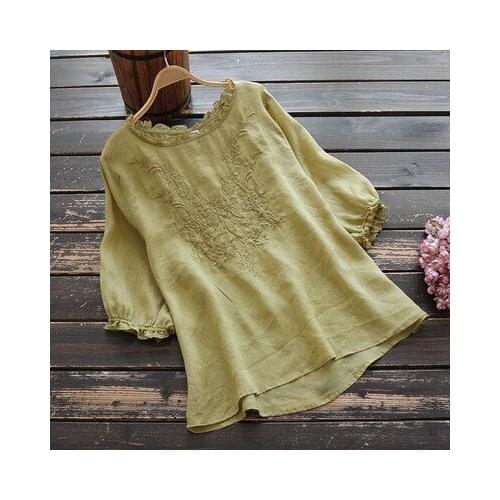 Summer Vintage Womens Embroidery White Yellow Wine Red Short Sleeve Loose Linen Blouse Top Shirt , 4xl Shirts Tops for Women