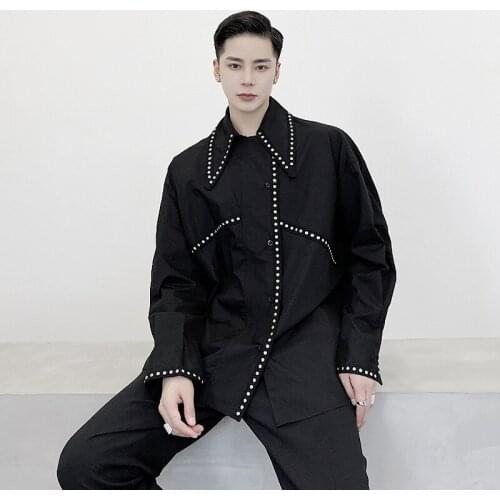Men Long Sleeve Shirt Personality Rivet Hit Yarn-dyed Wide Loose Long-sleeved Shirt Trendy Hairstylist Host Singer Clothing