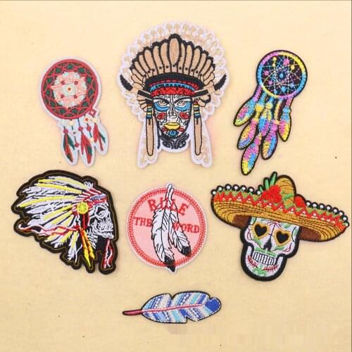 Indian Style Cloth Patches Iron on Embroidery Clothing Appliques Tribal Chiefs Skull Feather Dream Catcher DIY Patch Stickers