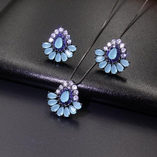 2018 New Women Jewelry Set Milky Blue Stud Earring and Pendant necklace Water Drop Pendant Necklace Jewerly set for women Gift