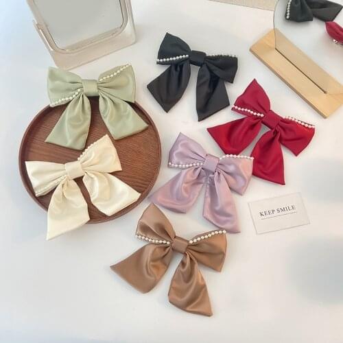 Solid Color Bow Accessories Decoration French Pearl Elegant Large Bow-knot Hairpin Female Hair Clip Version Retro Silk Top