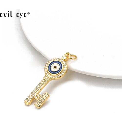 EVIL EYE Micro Pave Key Blue Turkish Eye Pendant Gold Color Copper Charm Pendant for Bracelet Necklace Jewelry Making BD309