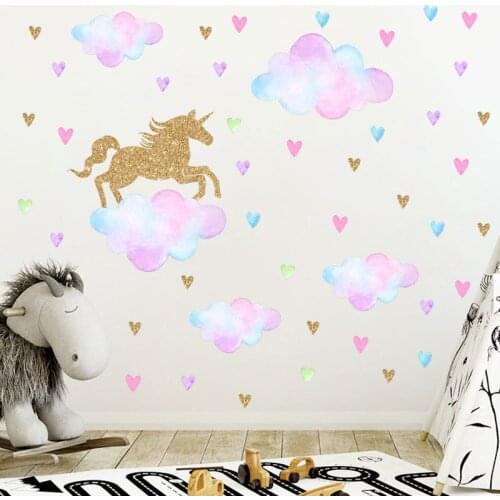 Super Dream Cartoon Gold Horse Colorful Star Cloud Wall Stickers For Kids Roomss Home Decor Art Background 3D Autocollant Mural