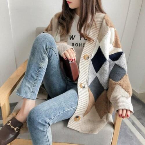 Autumn Winter Plaid V-neck Sweater Coat Vintage Single-breasted Loose Thick Warm Cardigan Sweater New Oversize Knitted Sweaters