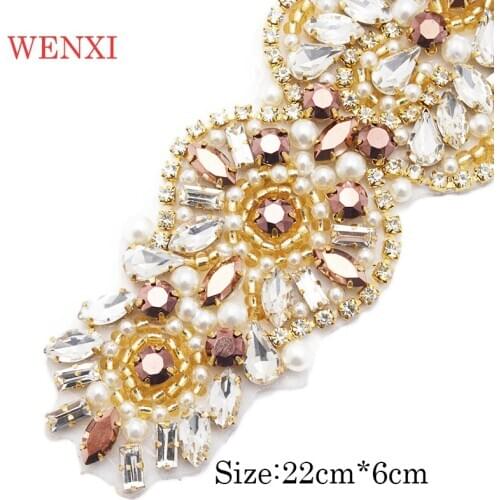 WENXI 10pcs Handmade Rose Gold Bride Rhinestones Appliques Banding Iron On Wedding Dress Belt Rose Gold Crystal Accessory WX939