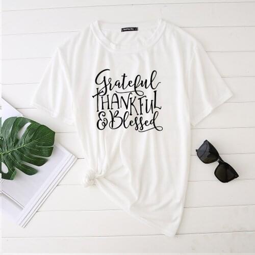 Seeyoushy Womens T-shirt Grateful Thankful Blessed Printing Tops for Women Ladies Short Sleeve Harajuku Shirt Casual Plus Size