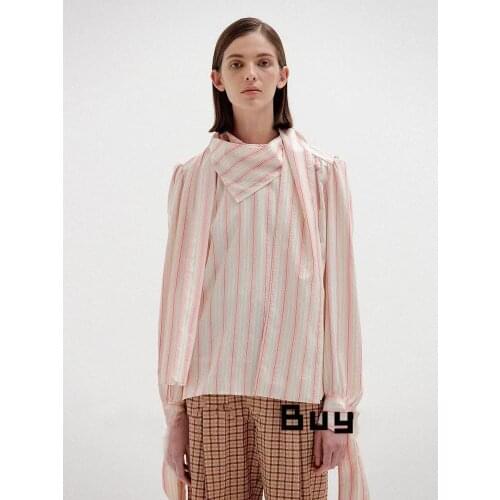 Women Shirt 2021 Early Autumn Scarf Collar Pink Striped Shirt Simple Style Long-sleeved Shirt Women 100% Cotton