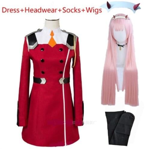 02 Zero Two Cosplay Costume DARLING in the FRANXX Cosplay DFXX Women Costume Full Sets Dress Full sets:Dress+Headwear+Socks wigs