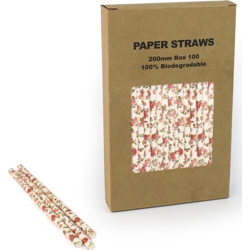 100 pcs/Box Light Pink Floral Paper Straws,Blush Flower Vintage Bridal Baby Shower Birthday Tea Party Wedding Soda Drinking