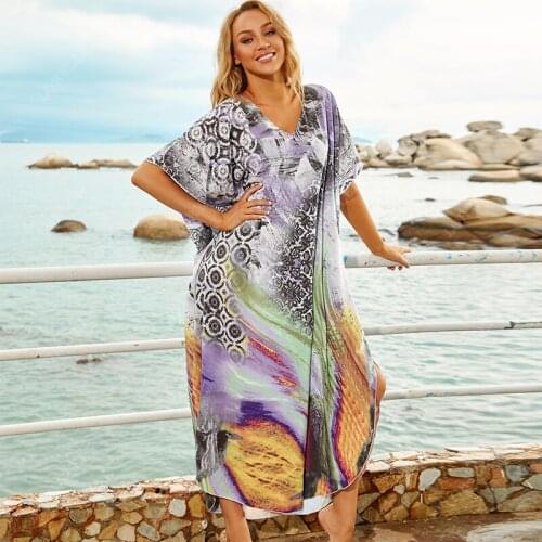 2020 Multicolored Bikini Cover-ups Sexy V-neck Half Sleeve Boho Summer Beach Dress Plus Size Beachwear Swimsuit Cover Up Q1166