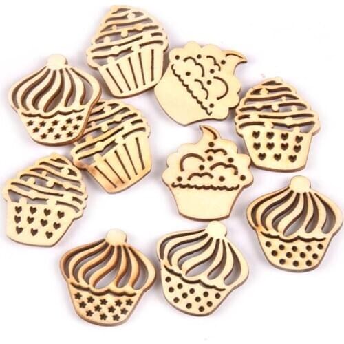 50pcs Mix Cake Pattern Hollow Out Wooden Embellishments For Home Decoration Madera DIY Scrapbooking Wood Crafts 25x28mm M1779