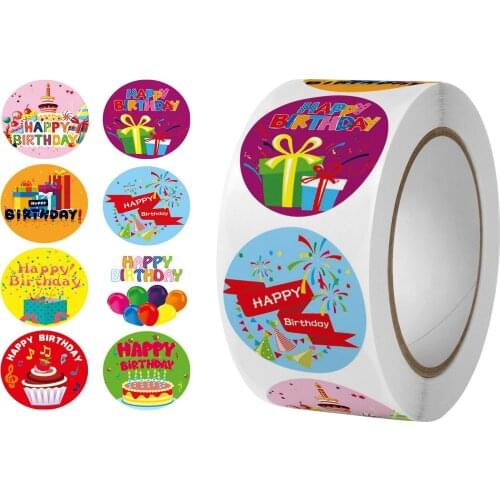 500 pcs /roll Hot Style 2.5cm Round shape Happy Birthday surprise stickers teacher children reward label seal paste