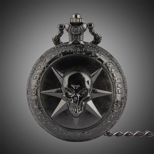 Antique Reloj PUNK Tungsten Quartz Pocket Watch Crossbones Vintage Fashion Popular Pirate Head Carved Pattern Retro Mens Gift