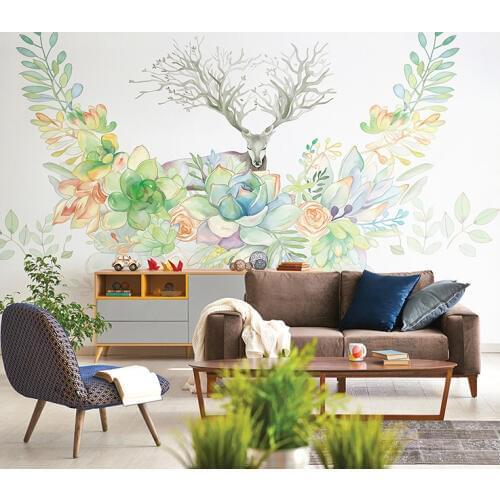 Bacaz 3D Wall Murals Retro Flower Wallpaper Art Living Room Oil Painting Wall paper Hand-painted Deer sticker mural Decor