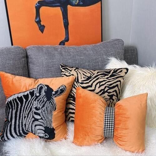 Ligh Luxury Horse Printed Soft Waist Pillowcases Orange Cushion Covers Zebra Pattern Embroidery Pillow Cushion Home Party Decor