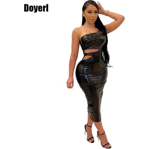 Black Faux Leather Dress Women One Shoulder Sleeveless Club Wear Bodycon Midi Dress Sexy Elegant Summer Bandage Party Dress 2021