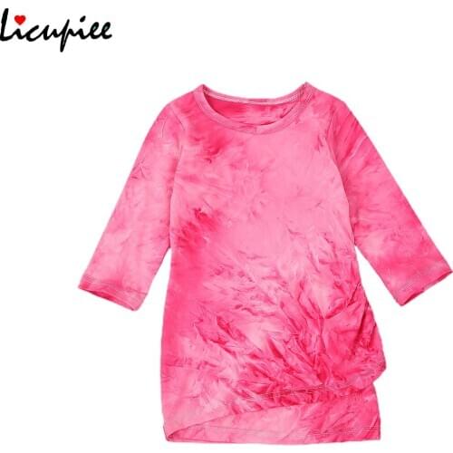 Baby Girl Dress Girls Tie Dye Dress Long Sleeve Pleated Printed Crew Neck Hem Skirt for Children 1-6 Years
