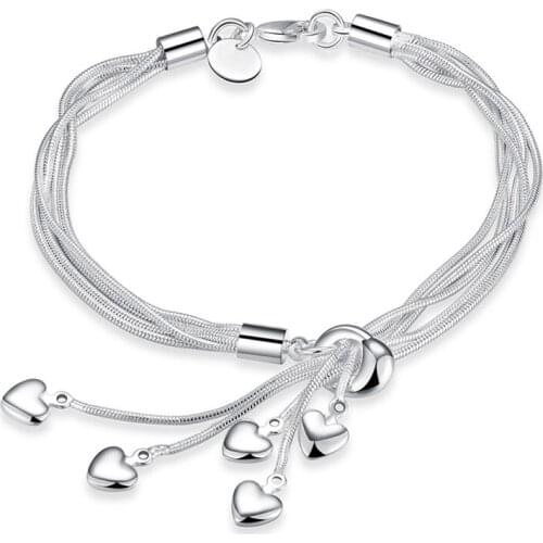 BABYLLNT 925 Silver Elegant Five Solid Heart Snake Chain Bracelet For Woman Charm Wedding Engagement Fashion Party Jewelry