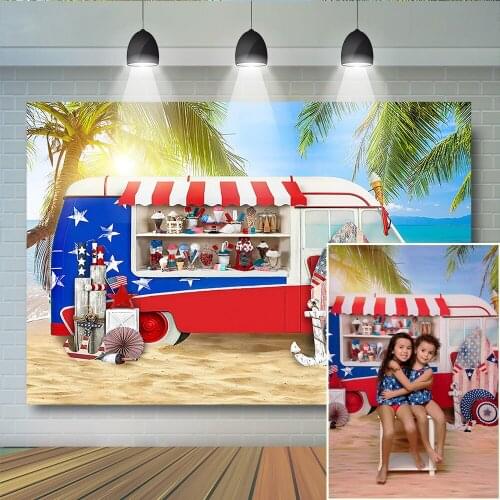 Summer Beach Kids Photography Backdrops Adult Boy Girl Portrait Bus Coconut Tree Decor Party Photostudio Props Background