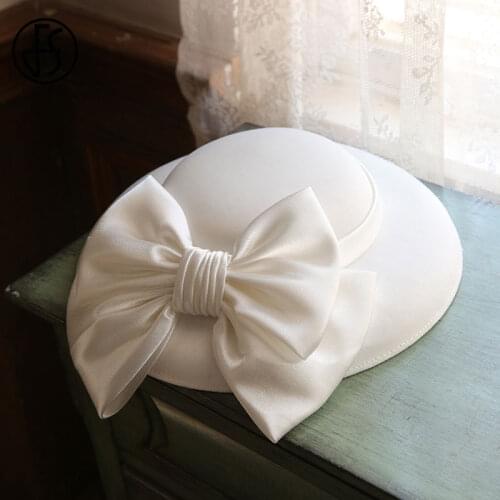 FS British Vintage White Fascinator Wedding Top Hat Female Big Brim Bowknot Black Fedora Church Party Dress Kentucky Derby Hats