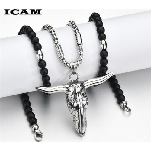 ICAM Stainless Steel Regalrock Totem Bison La Brea Tar Pits Buffalo Bull Head Skull Necklace