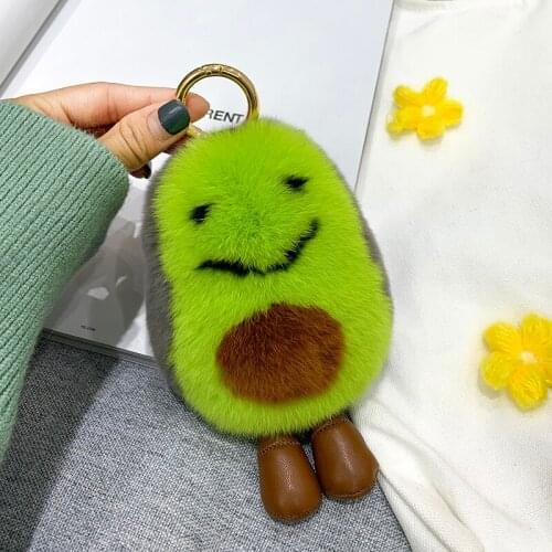 INS Cute natural fur Pendants Girl Heart Avocado Keychain Car Pendant